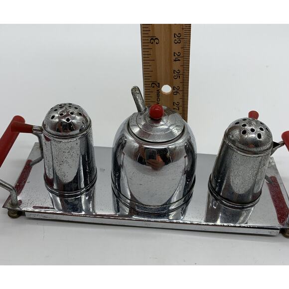 Vntg Occupied Japan chrome and bakelite minature condiment set Read 1940’s - Picture 6 of 6
